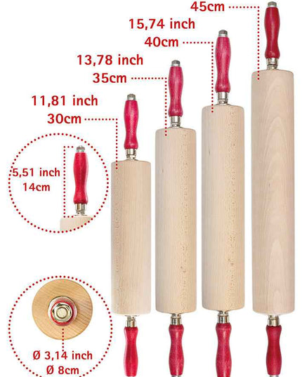 Rouleau à pâtisserie professionnel en bois de hêtre avec roulement à billes, 30–45 cm