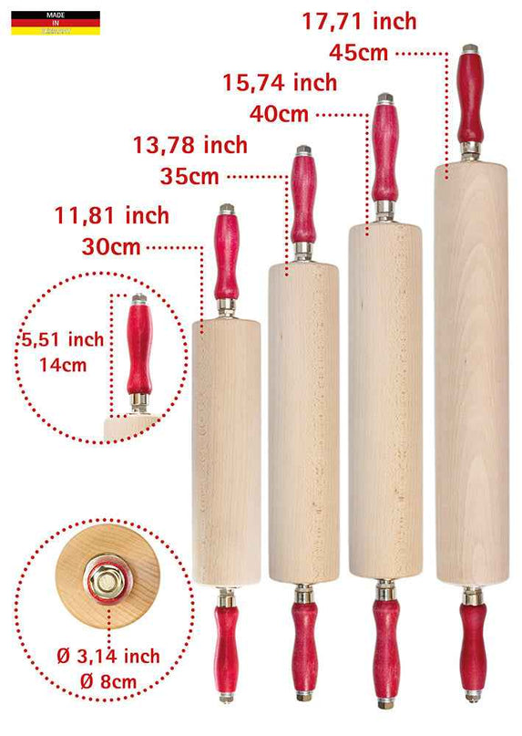 Rouleau à pâtisserie professionnel en bois de hêtre avec roulement à billes, 30–45 cm