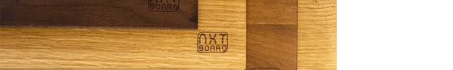 Nachhaltige Holzschneidebretter mit NXT BOARD Logo, verschiedene Holzarten und Maserungen