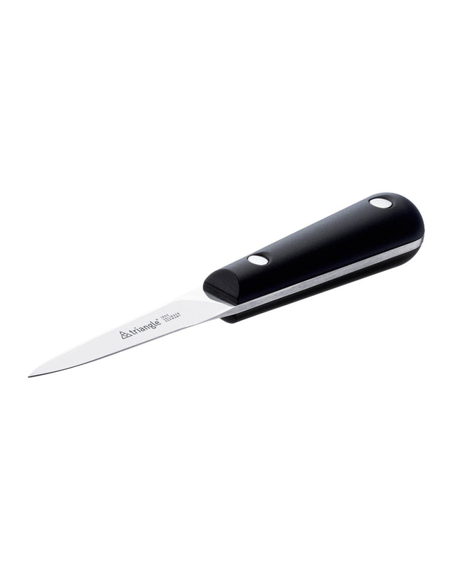 Couteau de cuisine mince avec poignée noire et logo Triangle, idéal pour une coupe précise